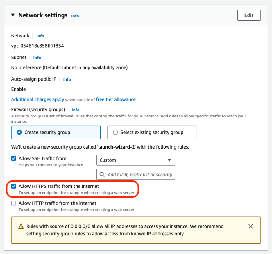 aws instance network settings